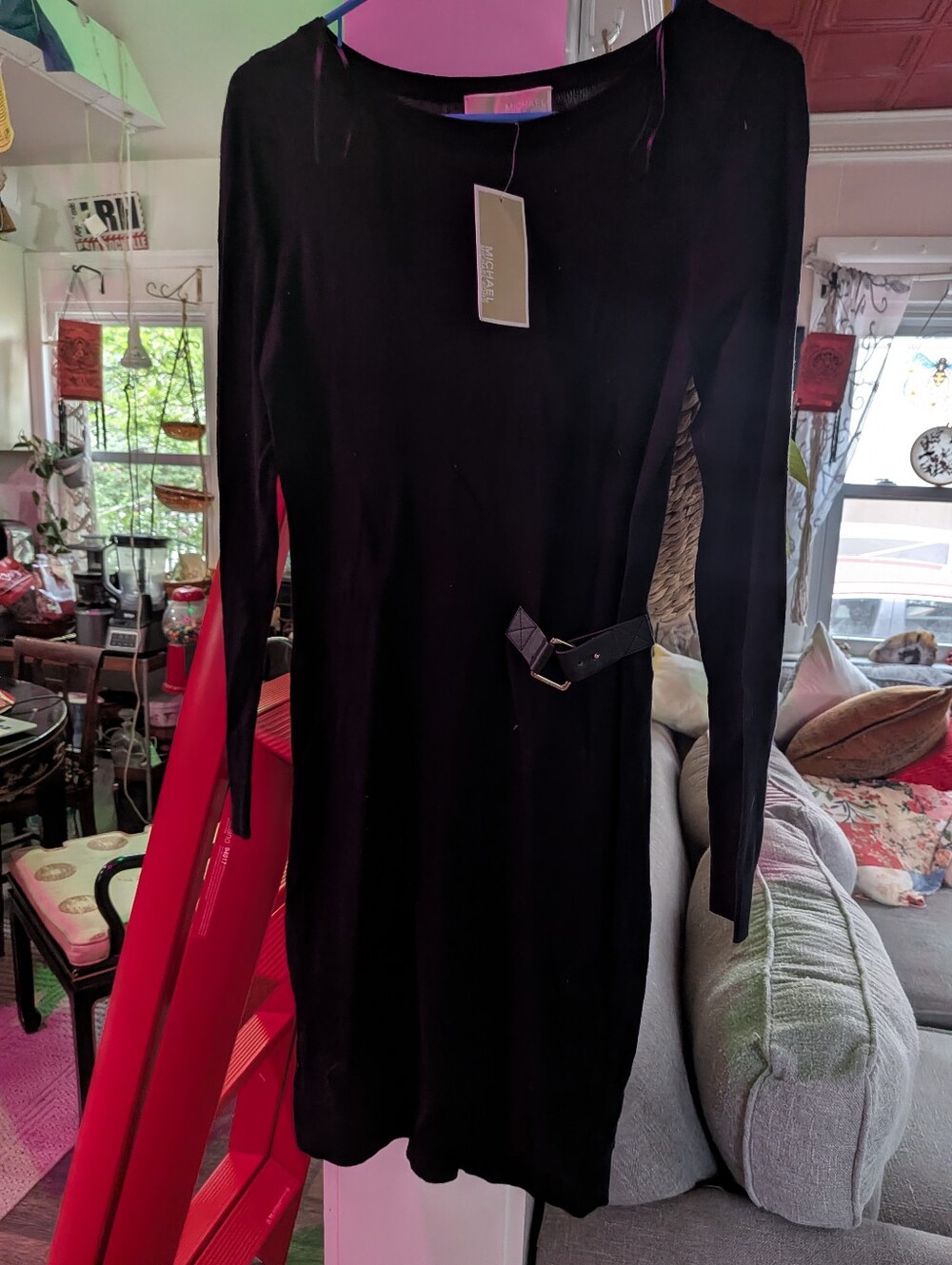 Michael Kors Black Long-Sleeve Belted Knit Dress